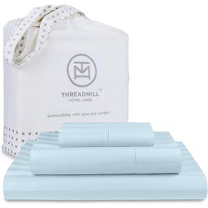 Threadmill 500 Thread Count Twin Size Damask Stripe, 3 Pc Luxury Cotton Bedding Set, Breathable Light Blue Sheets with 15" Elasticized Deep Pocket, 1 Pillowcase & Free Tote Bag