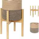 Plant Basket with Stand, Indoor Round Wicker Basket Plant with Bamboo Wood Stand, Decorative Woven Rope Flower Indoor Planter with Legs, Boho Bamboo Wood Planter Holder (Jute Black Stripes)