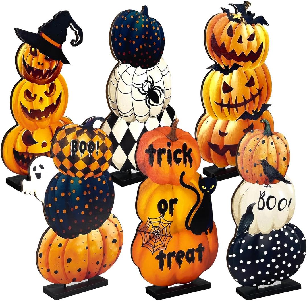 6 Pcs Halloween Wooden Pumpkin Table Centerpieces, Rustic Fall Decor Signs for Home, Party, Kitchen, or Office Display