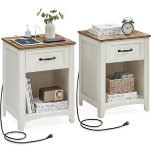 VASAGLE LIRY Collection - Farmhouse Nightstands with Charging Station, Set of 2 Bedside Tables, Side Tables with Drawer, Open Compartment, for Bedroom, Rustic White and Honey Brown ULET859K41