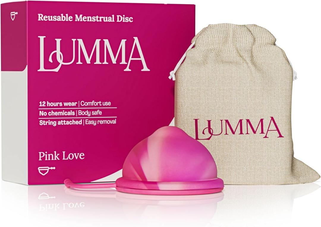 LUMMA Menstrual Disc | Includes Carrying Pouch and Silicone String for Easy Removal | Comfortable & Sustainable Choice to Tampons | Reusable Medical Grade Silicone, Leak-Proof | Pink Love, High-Cervix
