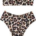 OMKAGI Women's 2 Pieces Bandeau Bikini Swimsuits Off Shoulder High Waist Bathing Suit High Cut (Medium, 0-apricot Leopard)