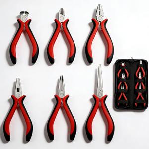 6-Piece Mini Pliers Set with Needle Nose, Linesman, Diagonal, Bent Nose, End Cutting, and Long Nose Pliers for Electronics Repair and Jewelry Making in Red and Black, Includes Storage Pouch