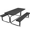 DWVO 6FT Picnic Table, Heavy Duty Outdoor Picnic Table and Bench w/Umbrella Hole, Resin Tabletop & Stable Steel Frame Ideal for Yard Patio Lawn Party, Light Brown