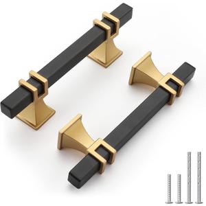 Haliwu 10 Pack Black and Gold Cabinet Pulls, 3 inch Kitchen Cabinet Handles, Square Dresser Drawer Hardware