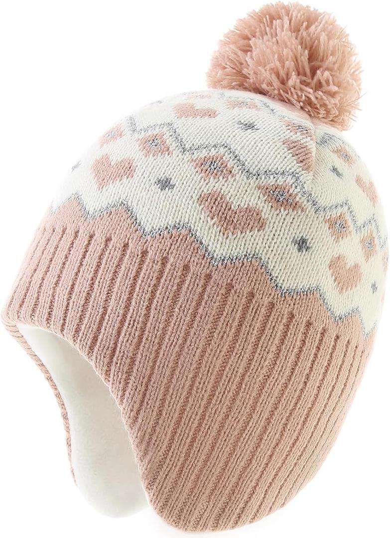 Moon Kitty Baby Girls Earflaps Knit Hats Infant Baby Beanies6-12Months (6-10 Years, Pink Heart)