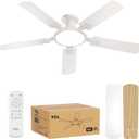 TCL 52" Low Profile Ceiling Fan with Light, Slim, White, Flush Mount, DC Reversible Motor, 6 Speeds, Remote Control, Noiseless, Dimmable, LED Light, 3CCT, Modern Ceiling Fan for Bedroom Living Room