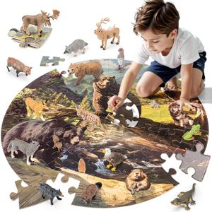 North American Animals Figurines Toys, 16PCS Realistic Safari Animals Figures & 67PCS 20" Large Woodland Jigsaw Puzzles Toys for Preschool Kids Toddlers, Ideal Gift for Toddler