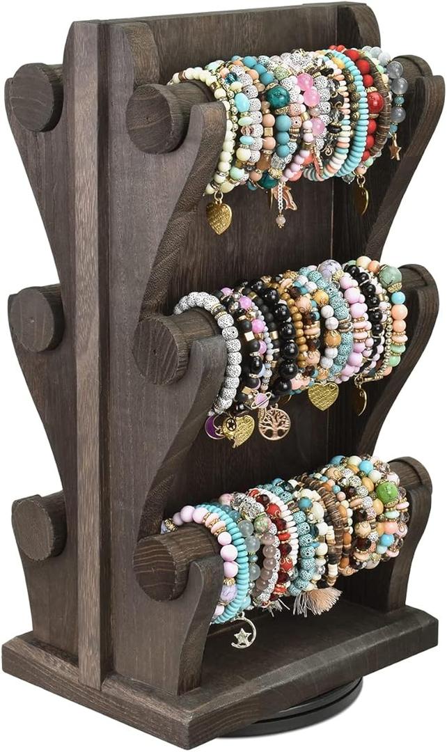 Design Two-Sided Rotating Wooden Jewelry Bracelet Display Stand-6 Removable Holders, 3 Tier Bar Bangle Organizer-Perfect for Bracelets and Jewelry Display Design Two-Sided Rotating Wooden Jewelry Bracelet Display Stand-6 Removable Holders, 3 Tier Bar Bangle Organizer-Perfect for Bracelets and Jewelry Display
