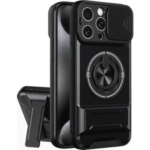 Dssairo for iPhone 15 Pro Max case with 360Rotation Magnetic Ring Compatible with MagSafe Slide Camera Cover Foldable Stand Military-Grade Shockproof Protective case (Black, iPhone 15 Pro Max)