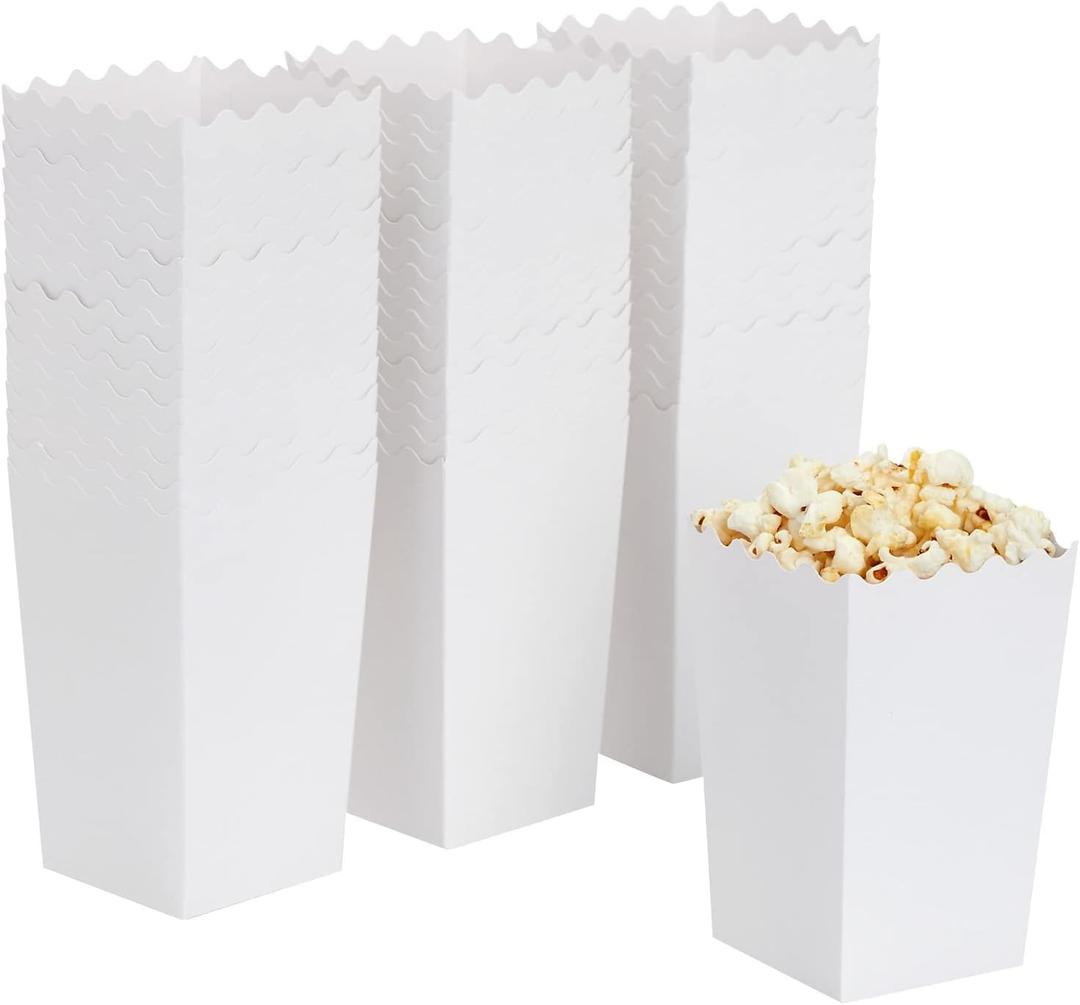 100 Pack White Popcorn Boxes for Party, Bulk Paper Treat Containers for Movie Night Decorations (3.3 x 5.5 x 3.5 In)