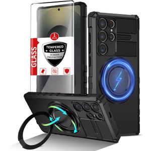 for Samsung Galaxy S25 Ultra Case Compatible Wireless Charging Magnetic,with Screen Protector,for S25Ultra Phone Case with 360Stand Ring Military Grade Shockproof Heavy Duty Protection Black