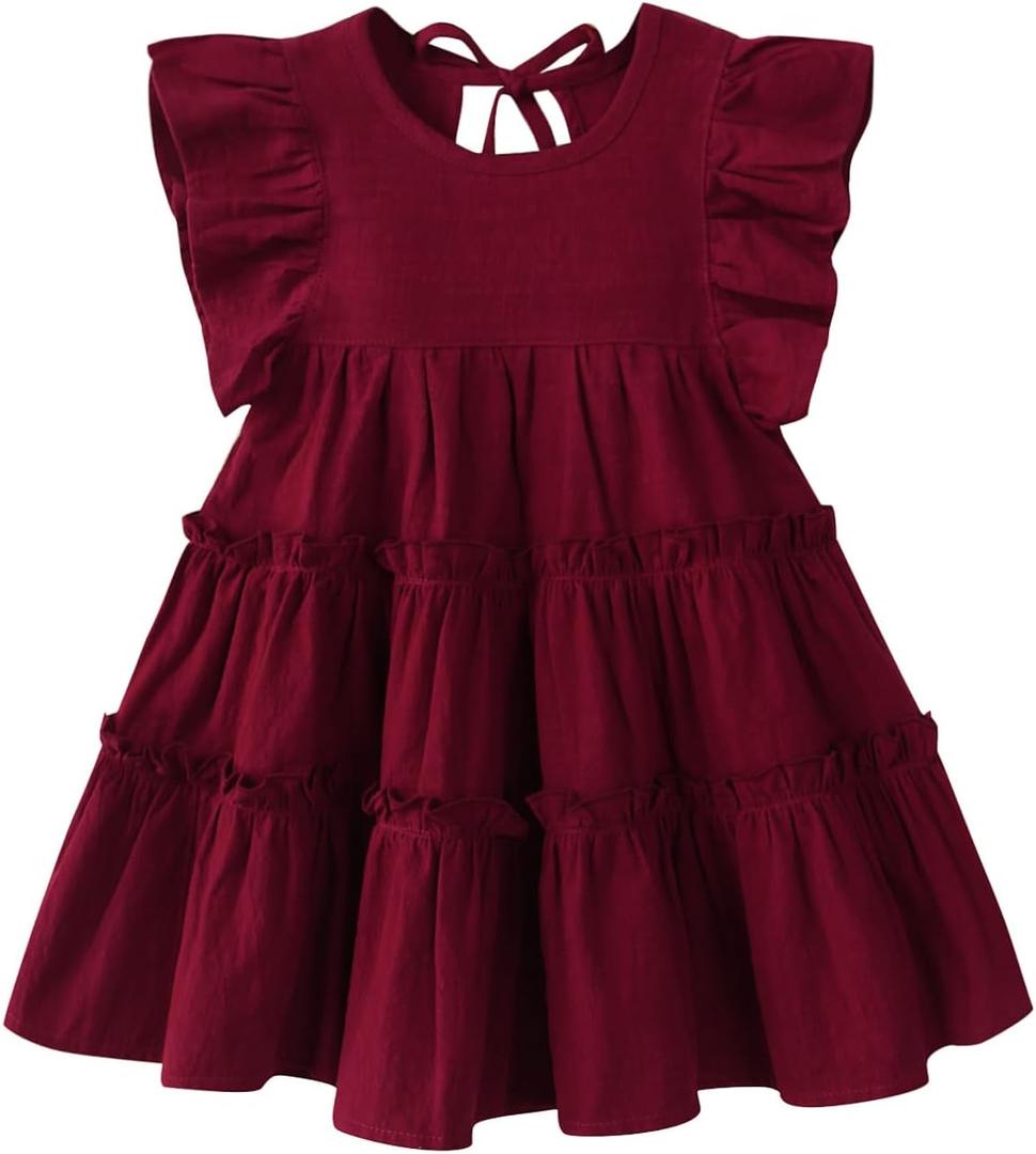Goodplayer Toddler Baby Girl Dress Summer Cotton Linen Ruffle Halter Sleeveless Kids Casual Beach Party Dresses 1-6 Years (Wine Red Dress, 3-4 Years)