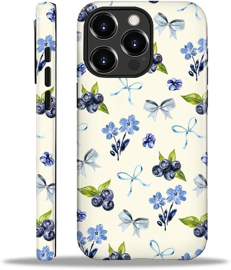 ilikediy for iPhone 16 Pro Case, HL2 Aesthetic Blueberry Bow Tie Hybrid 2 Layer Hard Shell Silicone Protective Pattern Design Case