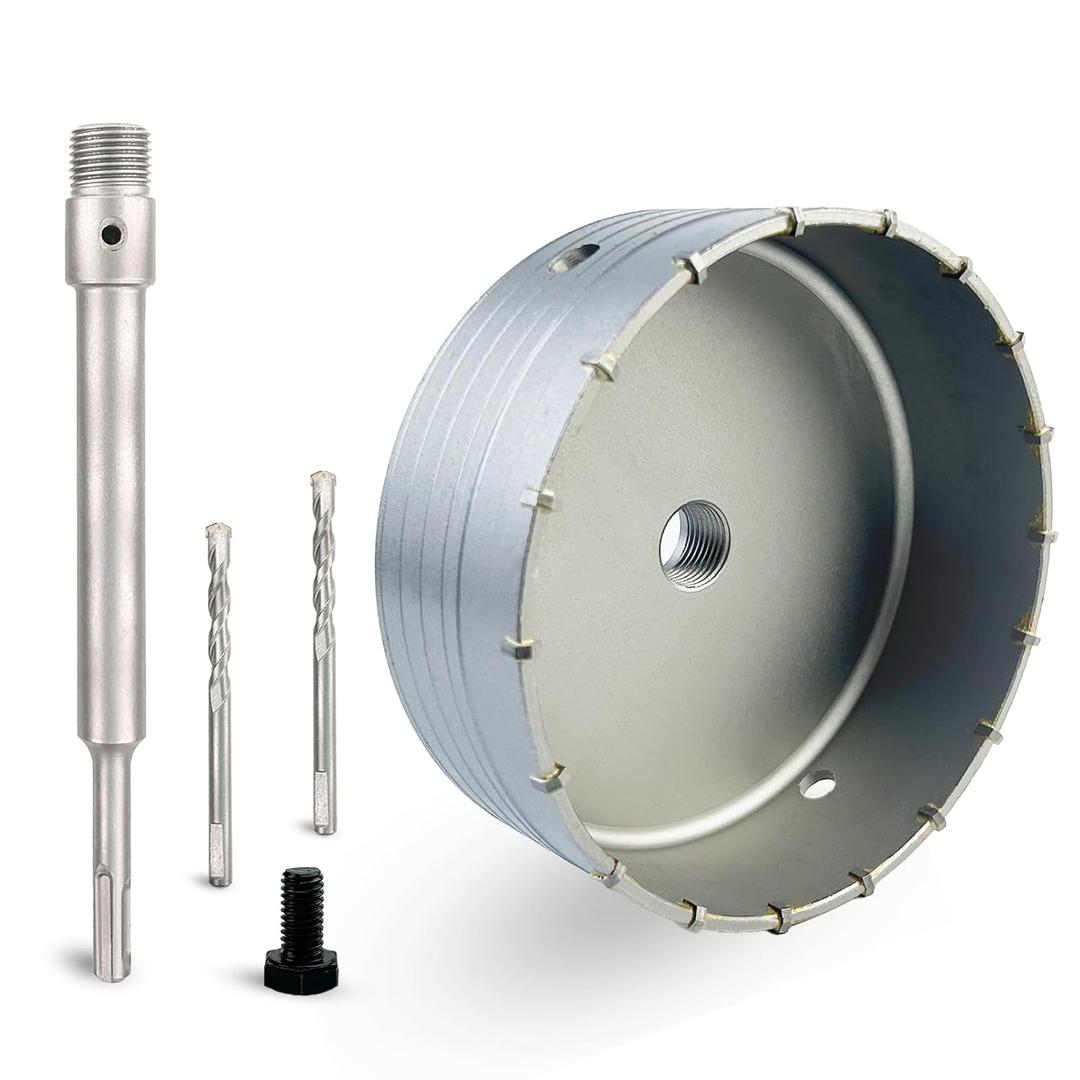 6-5/16" Concrete Hole Saw, 160mm Tungsten Steel Core Bit for Cinder Block, Brick, Rock, Plank Walls for Pipes or mini Split Lines, with SDS Plus Shank and 2 Center Positioning Drill Bits.