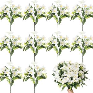 10 Bundles Artificial Flowers Bulk for Party Table Centerpiece Small Lilies with 7 Heads Silk Fabric Faux Fake Flower Bouquet for Mother's Day Wedding Home Indoor Vases(White)