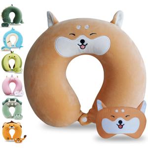 Cute Travel Pillow with Sleep Eye Mask Cartoon Headrest & Neck Pillow for Kids Boys & Girls, Teens, Travel Accessories for Airplane, Car, Recline, Home Use Memory Foam Flight - Cute Yellow Corgi