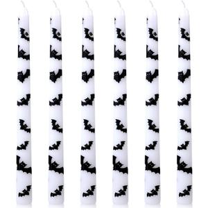 Lounsweer 6 Pcs Halloween Bat Candles 10 Inch White Taper Candlesticks with Black Bat Prints, Dissolvable Real Wax Candles for Halloween Ghost Party Table Decoration