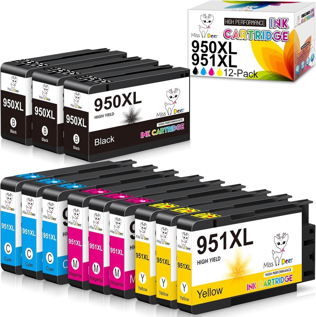 Miss Deer 950 951 Ink Cartridges Combo Pack, Compatible Replacement for HP 950XL 951XL HP950 HP951 XL for OfficeJet Pro 8600 8610 8100 8615 8620 8625 251dw Printers 12-Pack Black/Cyan/Magenta/Yellow