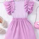 Girl's 2 Piece Outfits Cute Pearl Ribbed Knit Ruffle Short Sleeve T Shirt and Wrap Skorts Set (Pink)