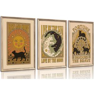 Grengel Tarot Black Cat Canvas Wall Art Sun Moon Astrology Painting Picture Wall Decor Vintage Aesthetic Celestial Poster Printing Artwork for bedroom living room scene furniture decoration