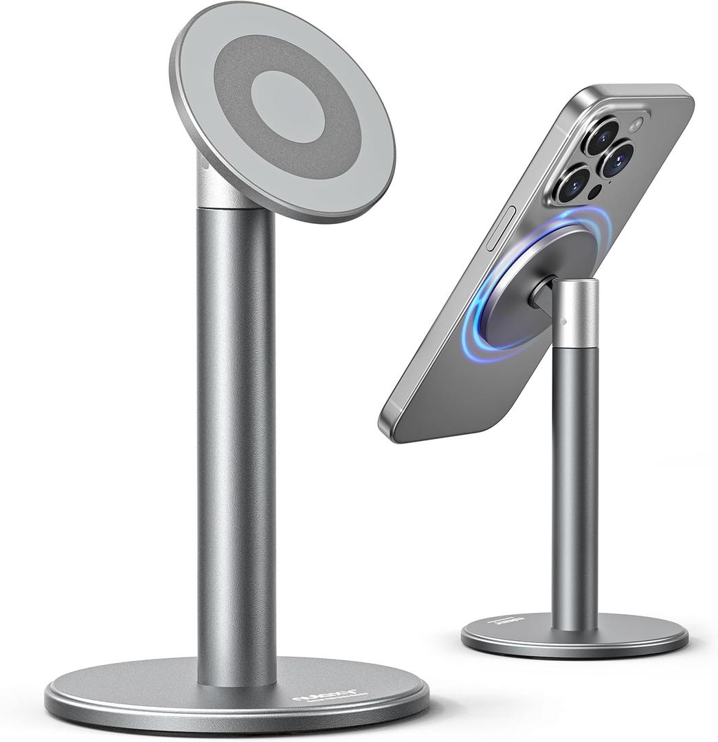 Nulaxy Magnetic Full Aluminum Cell Phone Stand with 2 Metal Rings, 360 Rotating Phone Stand for Desk, Office Accessories Adjustable Phone Holder Compatible with All Phones MagSafe Case, Gray