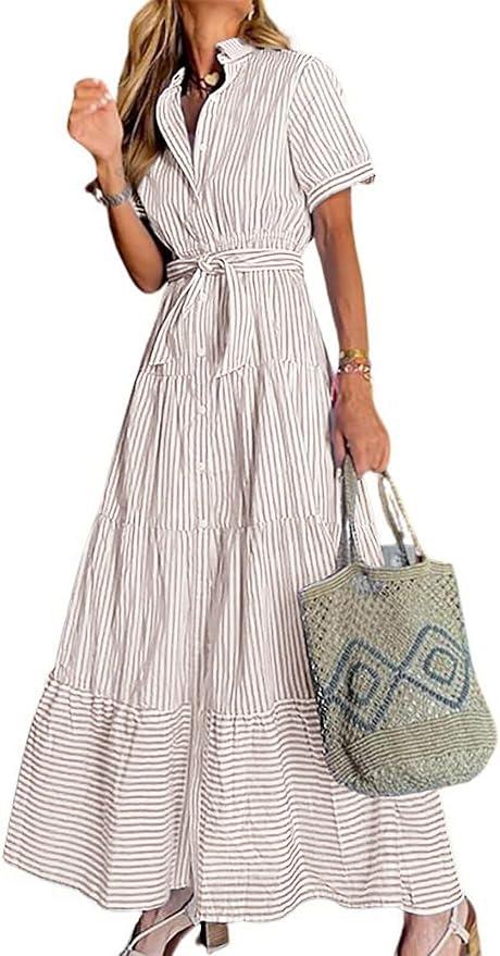 utcoco Womens Casual Short Sleeve Button Down Tie Waist Ruffled Striped Maxi Shirt Dress Khaki  XL