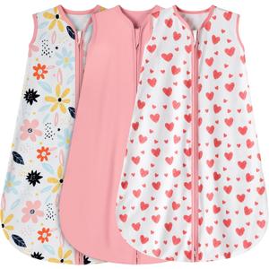 BSTOPPT 3 Pack Baby Sleep Sack 6-12 Months 100% Rayon Cotton Baby Sleeping Bag 2-Way Zipper Toddler Wearable Blankets TOG 0.3 (Heart & Pink  & Floral）