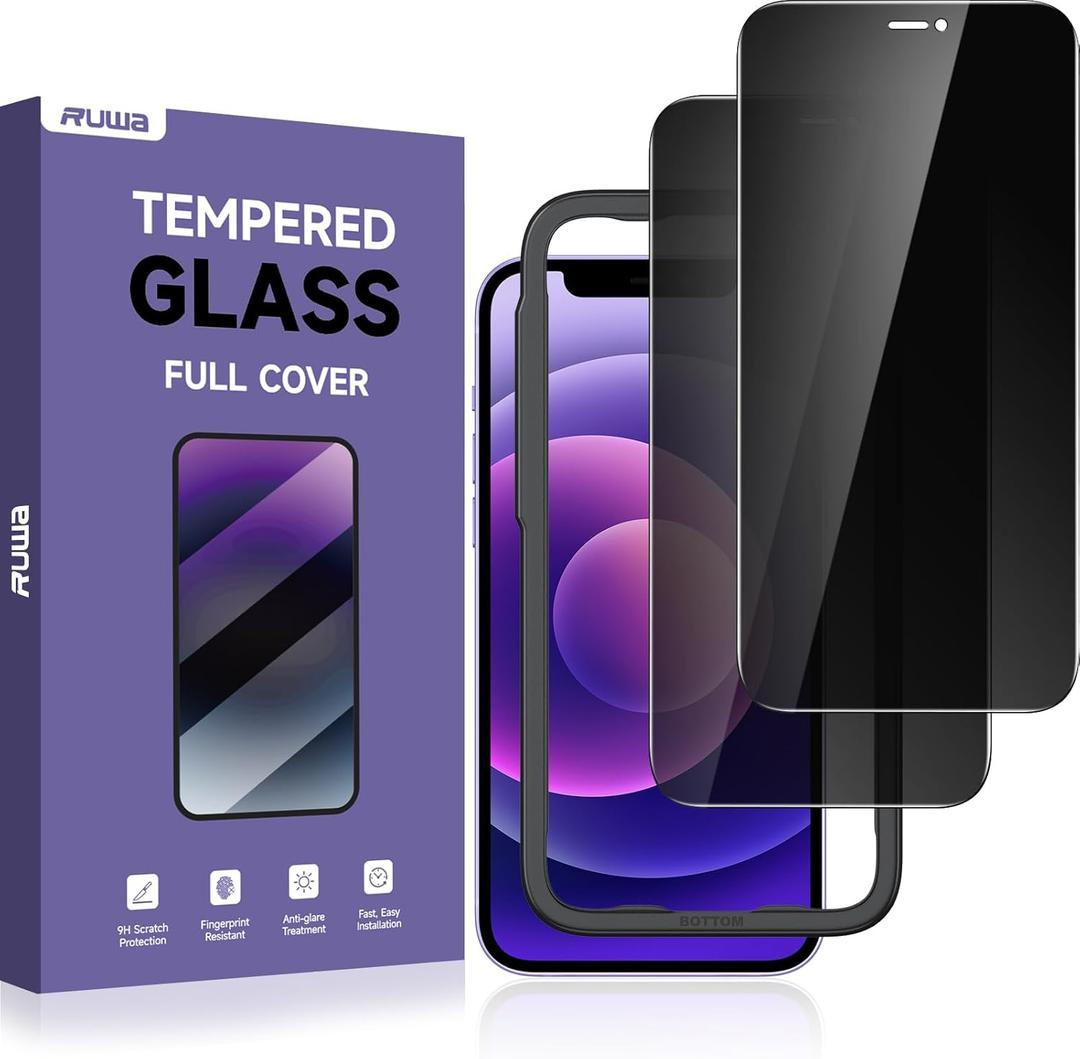 ruwa Privacy Screen Protector for iPhone 12/12 Pro[6.1 Inch][2-Pack] Anti-Peep Tempered Glass Film with Easy Installation Frame, Ultra HD, 9H Hardness, Scratch Resistant, Case Friendly