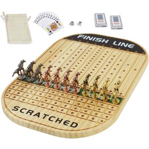 Horse Race Board Game Racing Game Thickened Solid Wood with 11 Luxurious Durable Classic Metal Horses with 4 Dice and 2 Boxes of Cards Horse Racing Game (Log Color, Oval)