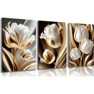 3Pcs Abstract White Gold Floral Canvas Wall Art Modern Luxury Minimalism Painting Pictures Wall Decor tulip Plants Posters Prints Artwork for Living Room Bedroom Office Home Decoration 16 x 24in