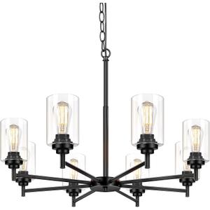 Sucolite 33.5'' 8-Light Chandelier for Dining Room Kitchen Island, Modern Farmhouse Pendant Lighting with Glass Shades Industrial Black Hanging Ceiling Light Fixture for Living Room, Height Adjustable