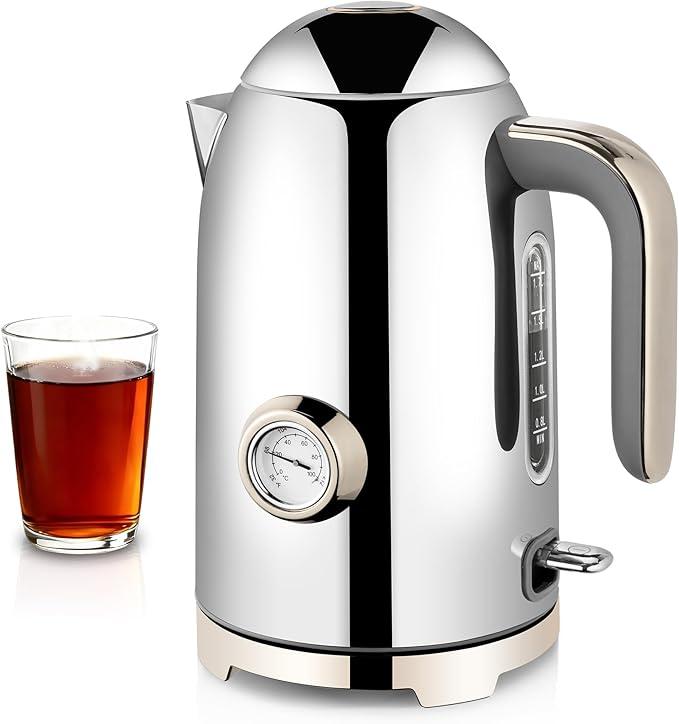 SUSTEAS Electric Kettle  57oz Hot Tea Water Boiler with Thermometer, 1500W Fast Heating Stainless Steel Pot, Cordless LED Indicator, Auto ShutOff & Boil Dry Protection, Glossy Silver