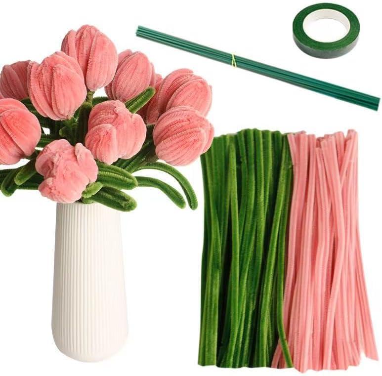 300Pcs Pipe Cleaner Craft Pink Tulips Chenille Stems for Flower Pipe Cleaners Kit Art Craft Supplies Projects Supplies for Creative DIY Decoration Wedding Party Birthday Gifts