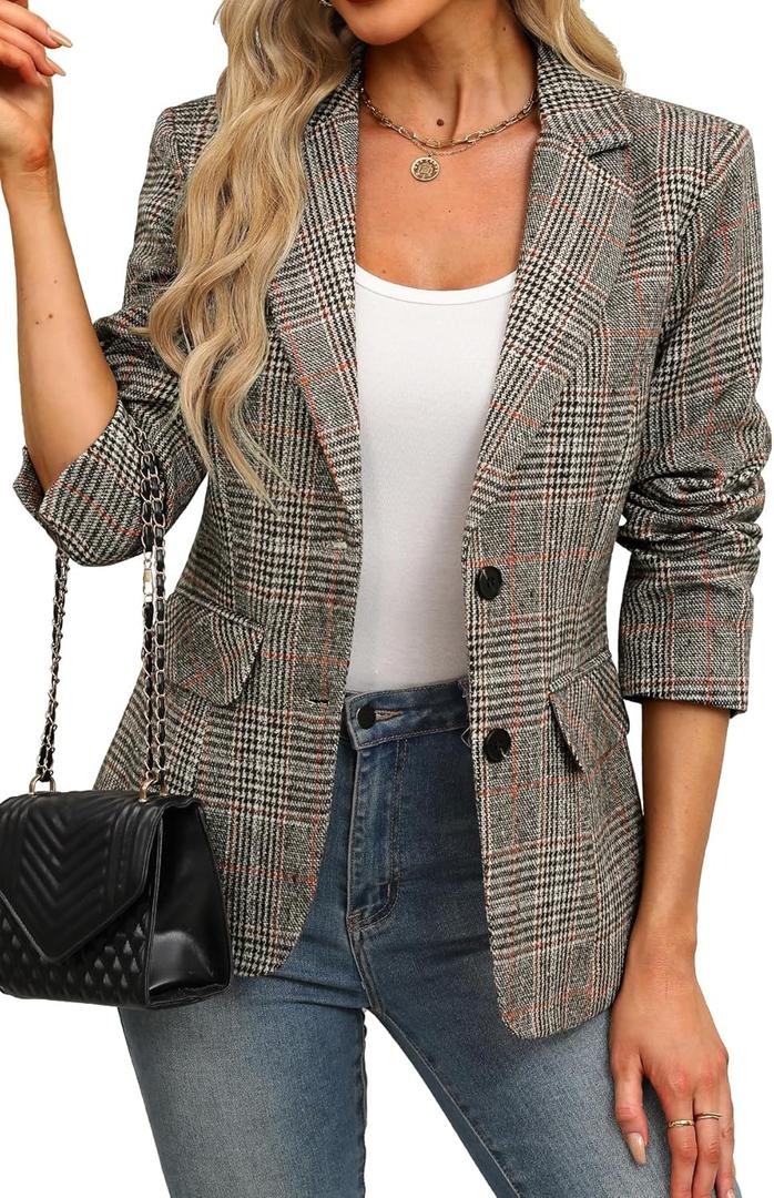 ELLEVEN Women's Lapel Collar Plaid 2 Button Boyfriend Blazer Suit Houndstooth Work Office Blazer Jacket (XX-Large, Khaki Plaid)