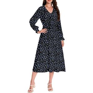 LUXEBOLD Womens Boho Maxi Dress Floral Dress Long Sleeve Ruffle V Neck Flowy Spring Casual Beach Vacation Long A Line Dresses Black Rose S