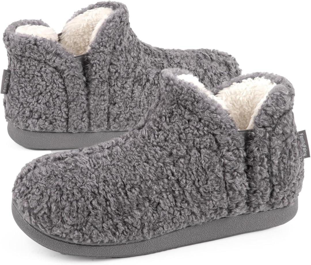FamilyFairy Bootie Slippers for Women Warm House Shoes Memory Foam Indoor Outdoor Fuzzy Boots with Rubber Sole (5-6, Grey)