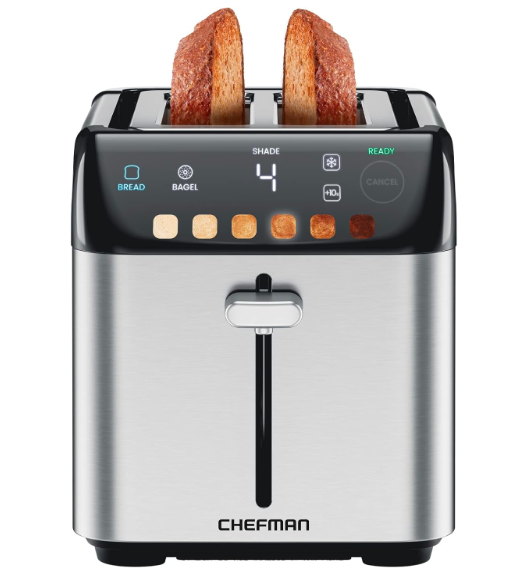 Chefman Smart Touch 2 Slice Digital Toaster, 6 Shade Settings, Stainless Steel with Extra-Wide Slots, Thick Bread and Bagel, +10, Defrost, Removable Crumb Tray