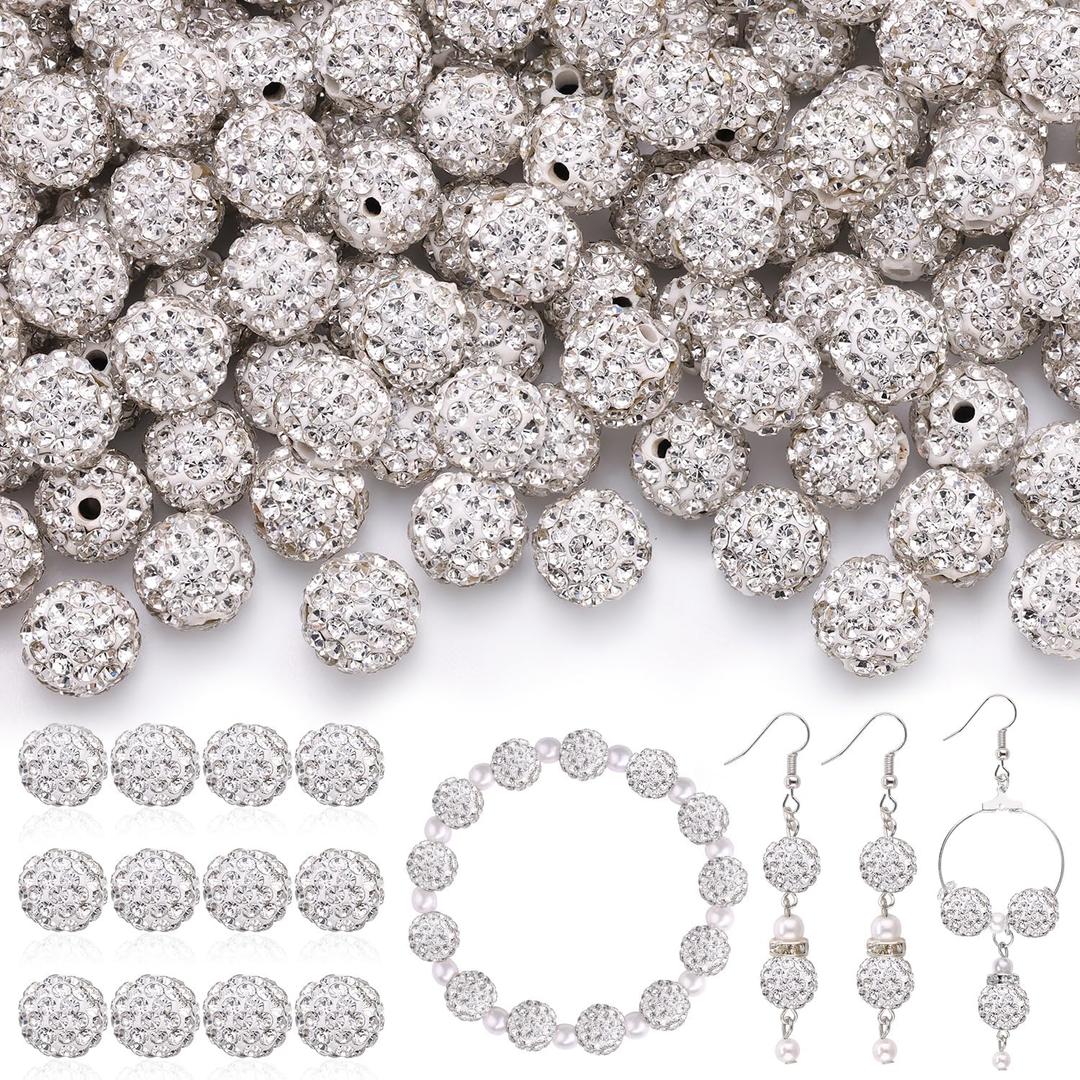 120pcs 10mm Rhinestone Beads for Jewelry Making, White Shiny Round Shamballa Disco Ball Beads Bulk, Sparkle Crystal Clay Christmas for Bracelet Baseball Necklace Earring Crafting and DIY