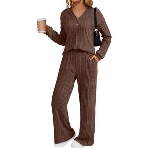 Dokotoo 2 Piece Lounge Sets for Women Ribbed Knit Button V Neck Long Sleeve Tops Matching Pants Pajamas Set 2025 Fall Outfits (Small, Brown)