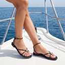 Sqzrkj Strappy Flat Sandals for Women Comfortable Open Round Toe Ankle Strap Thong Flip Flops Sandals Summer Beach Dressy Shoes Black, Size 9