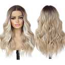 LuxeMelan Ash Blonde Balayage Blonde Lace Front Wig, Middle Part 20 Inch HD Lace Wig, Dark Brown to Golden Blonde Highlight M Hairline Natural Fit Natural Wavy Ombre Synthetic Heat Resistant Fiber