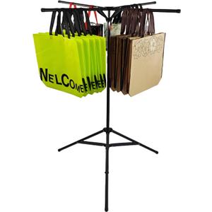 CozyNova Shopping Bag Rack: Adjustable Height & Base, Premium Metal Display Stand for Stores & Malls, Holds Up to 50lbs, Foldable & Space-Saving Design (Black)