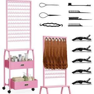 Portable Braiding Hair Rack with Wheels & Storage Drawers,2-Sided 288 Pegs,Hair Extension Holder Hanger for Braiding Hair Separator Stand Display,Hair Rack with Stylist Hair braiding ToolsPink