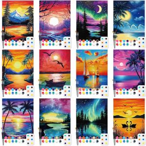 Ctosree 12 Pack Pre Drawn Canvas Kit for Painting Sip and Art Paint Kit for Adults Pre Painted Canvas Party Favors for DIY Holiday Party Date Night Gifts(Summer Sunset,10 x 8 Inch)