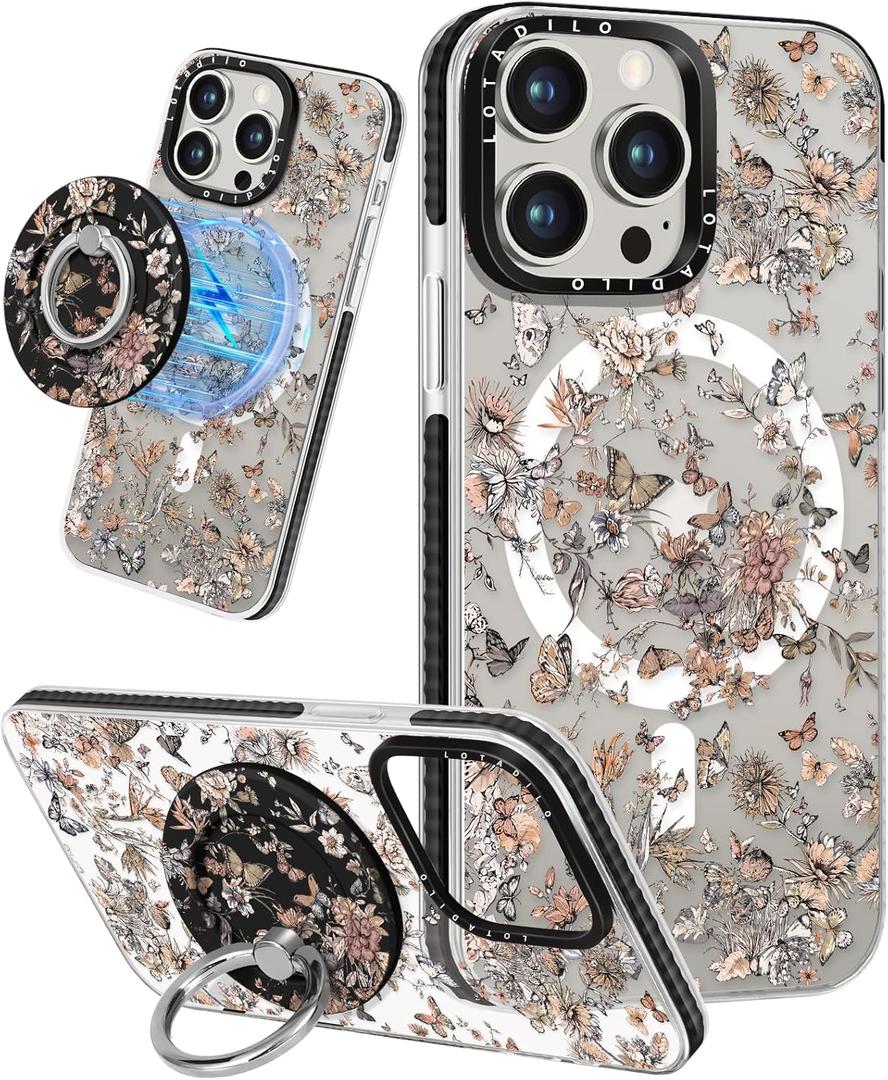 Lotadilo for iPhone 15 Pro Case for Women - Girls Kawaii Design Compatible with Magsafe Magnetic Ring Holder Stand Butterfly Plants Phone Covers Aesthetic Girly TPU Funda for 15 Pro