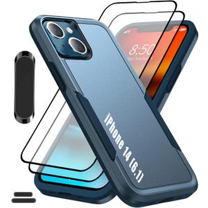 for iPhone 14 6.1 Inch Double Layer Hybrid Military Grade Rugged Shock Resistant Drop Case with 1 PCS Magnetic Car Mount and 2 PCS HD Tempered Glass Screen Protector (Blue)