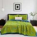 100% Cotton Muslin Jacquard 3 Piece Quilt Set Botanical Bamboo Leaf Print, Soft 3 Layers Gauze Bed Cover Reversible Bedspread Coverlet Breathable Lightweight Bedding Set, Queen (Green Teal)