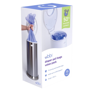 Ubbi Diaper Pail Plastic Bags, Disposable Baby Waste Bags, 3 Pack, 75 Count, 13-Gallon Bags