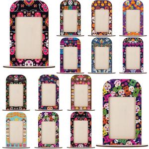 Qunclay 12 Set Dia De Los Muertos Altar Day of the Dead Decorations,Wooden Frames Picture Dia De Los Muertos Altar Kit Ofrenda Picture Frame Tabletop Halloween Diwali Decoration(5.9 x 3.9 Inches)